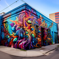 A vibrant street art mural in an urban alley.
