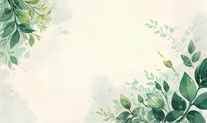 Elegant botanical illustration frame with a variety of green leaves and floral elements on a textured vintage green background, boho style, design template, space to copy, space for text