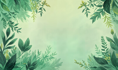 Fototapeta premium Elegant botanical illustration frame with a variety of green leaves and floral elements on a textured vintage green background, boho style, design template, space to copy, space for text