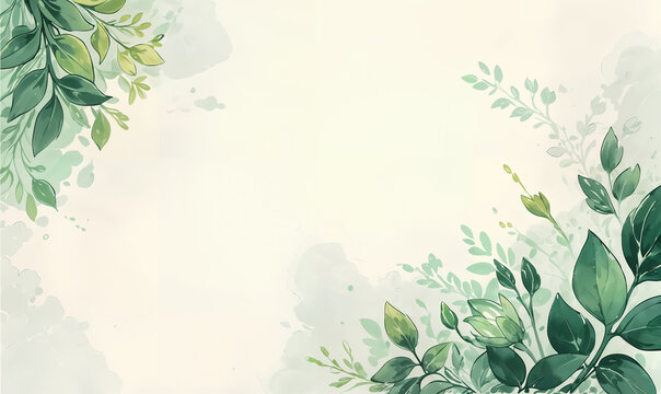 Elegant botanical illustration frame with a variety of green leaves and floral elements on a textured vintage green background, boho style, design template, space to copy, space for text