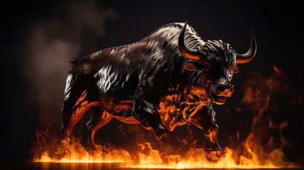 A fictional raging bull, burning and standing in fire on dark background - bull market stock market theme