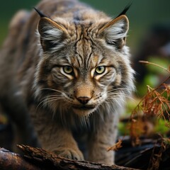Obraz premium Aggressive lynx Realistic photo of a big cat with predatory eyes, looking camera generative AI