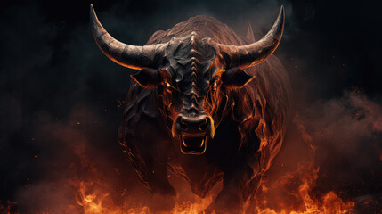 A fictional raging bull, burning and standing in fire on dark background - bull market stock market theme - obrazy, fototapety, plakaty