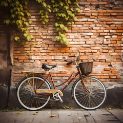Vintage bicycle against a rustic brick wall.