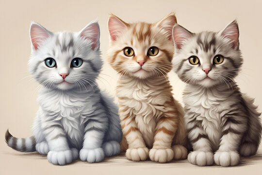 Three kittens of siberian breed sitting on a beige background