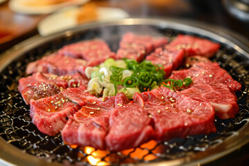 Delicious Japanese Yakiniku meat on a grill, tasty food