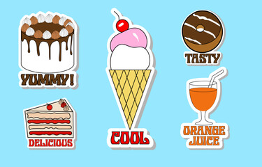 Illustrated sticker set of fast and junk food.