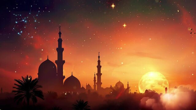 A Silhouette of A Big Mosque on Golden Full Moon in Night Background. Ramadan Concept.
