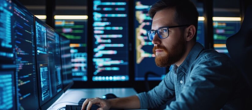 IT professional using computer for programming, software development, and cyber security in office. Close-up of technician typing code, focusing on technology, future, and data analysis.