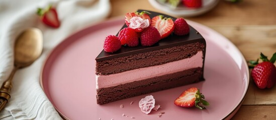 Heart-shaped cake with chocolate and strawberry mousse.