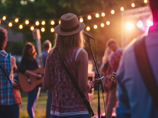 Young woman in hat with microphone and guitar at music festival, rear view