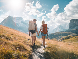 Two young women hikers with backpacks and trekking poles are walking along the mountain trail.