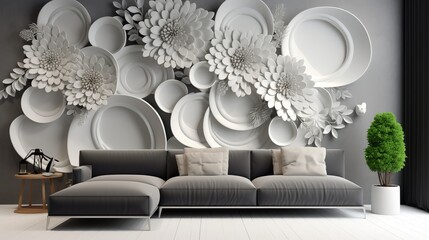 Modern monochrome elegance: 3d black and white circle with floral decor wallpaper – ideal for home, office, bedroom, house, and shop wall art decor. Stunning 3d wall background and mural illustration
