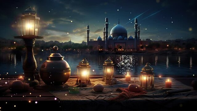 Ramadan Decoration with Arabic Lantern and Candle in The Night | Seamless Looping Time-Lapse Virtual 4k Video Animation Background