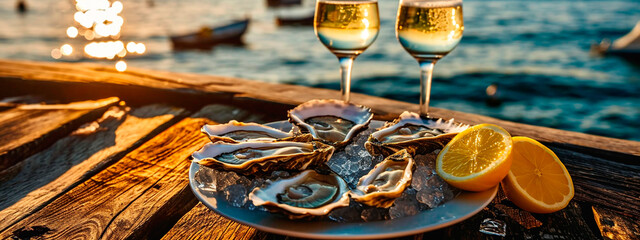 Oysters glasses with wine on the seashore. Selective focus.