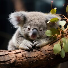 Photo of a sleepy baby koala hugging a eucalyptus branch. Generative AI