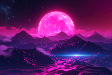 Synthwave sunset and mountain landscape background 