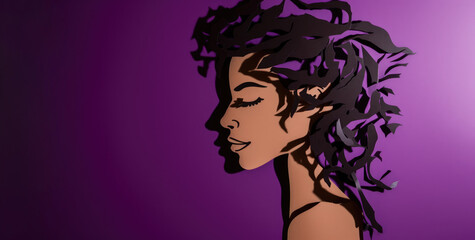 International women's day. Cardboard portrait of african american young female over purple background with copy space