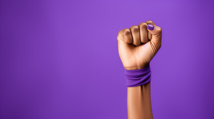 Fototapeta premium International women's day. African american young woman fist raised with purple bracelet over purple background with copy space