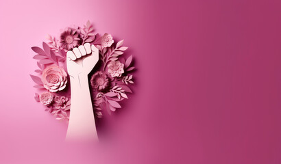 Feminist symbol. Female fist raised surrounded by flowers over pink background with copy space - obrazy, fototapety, plakaty