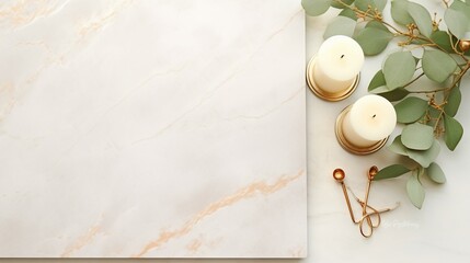 Minimalistic Still Life: Stylish Workspace with Candles, Gold Pen, and Eucalyptus on White Marble