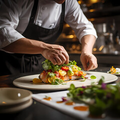 Obraz na płótnie Canvas Close-up of a chef preparing a gourmet dish.