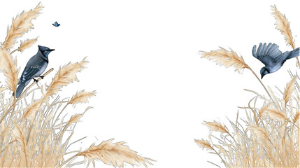 Blue jays and pampas grass, graphic banner frame, with transparent background and copyspace