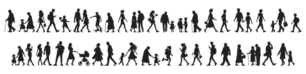 vector illustration. silhouettes of people walking along the street. Large set of characters of different ages.