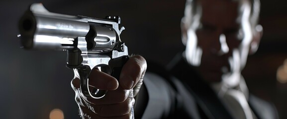 pointing a gun at the target on dark background, selective focus on front gun - obrazy, fototapety, plakaty