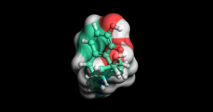 Morphine, drug for moderate to severe acute and chronic pain, 3D molecule spinning, 4K