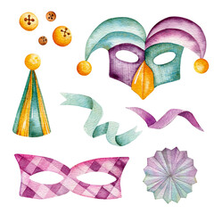 Set of watercolor illustrations. Hand-drawn carnival masks, festive cap, ribbons, paper fan, bells isolated on transparent background. Masquerades, carnivals, Mardi Gras. Clipart. © Елена Шамрай