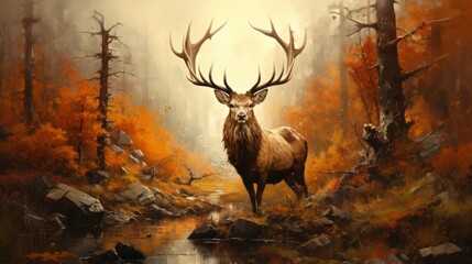 Majestic Stag in Misty Autumn Forest Scenery