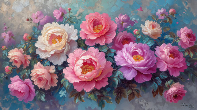 Horizontal flower arrangement of peonies in oil painting style