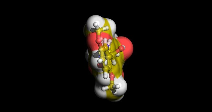 Midodrine, drug to for treatment of orthostatic hypotension, 3D molecule spinning. 4K