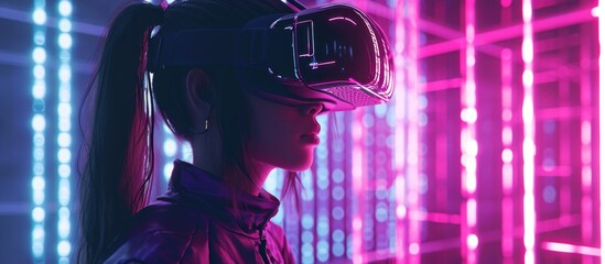 Futuristic cybergirl in neon-lit overalls. Cyberspace. Digital future. VR games. Text space.