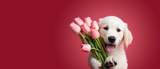 Adorable golden retriever puppy holding bouquet of pink tulips on red background.For greeting cards of Easter,Mothers Day, National Puppy Day,Valentines Day,pet product advertisements,National Pet Day - obrazy, fototapety, plakaty