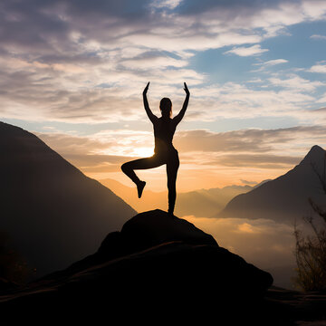 Silhouette of a person practicing yoga on a misty mountaintop.
