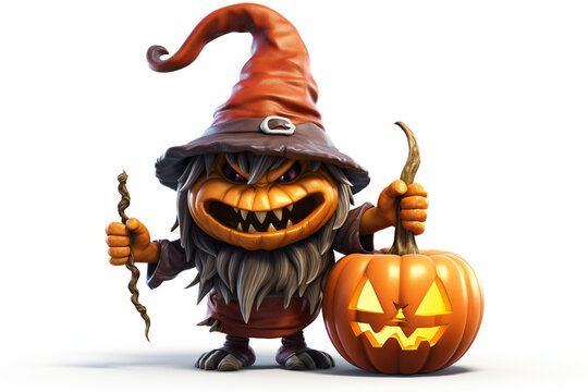 3d cartoon halloween witch monster, halloween pumpkin monster