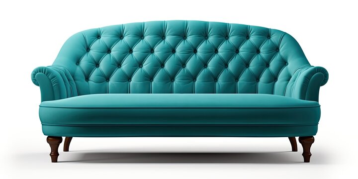 Turquoise sofa on dark wooden legs isolated on white background. Furniture series.
