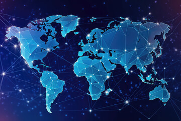 Abstract mash line and point scales on dark background with map of world. 3D mesh polygonal network line, design sphere, dot and structure.