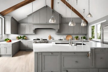 Light grey kitchen room interior with vaulted ceiling, grey cabinetry and stainless steel appliances.