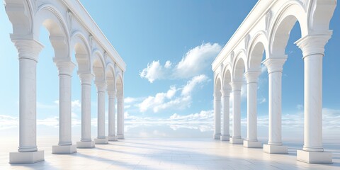 a traditional colonnade and portal under a blue sky.