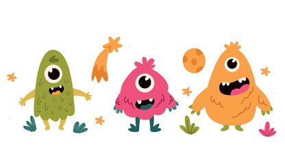 Cute monsters with different emotions. Vector illustration in cartoon style.