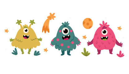 Cute monsters with different emotions. Vector illustration on white background.