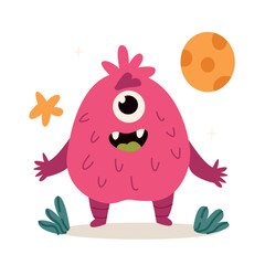 Funny pink monster with big eyes, smiling and waving hands, vector illustration