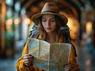 Young woman with a backpack and map in the city. Travel concept.