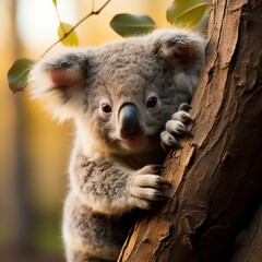 Photo of a sleepy baby koala hugging a eucalyptus branch. Generative AI