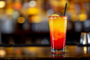 A tequila sunrise alcoholic drink at a bar close-up
