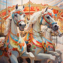 Fototapeta na wymiar Whimsical carousel horses at rest