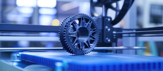 Silver-gray filament on blue print tape, viewed on print head, print bed, and chamber, with blurred background - FDM printer manufactures spur gears. - obrazy, fototapety, plakaty